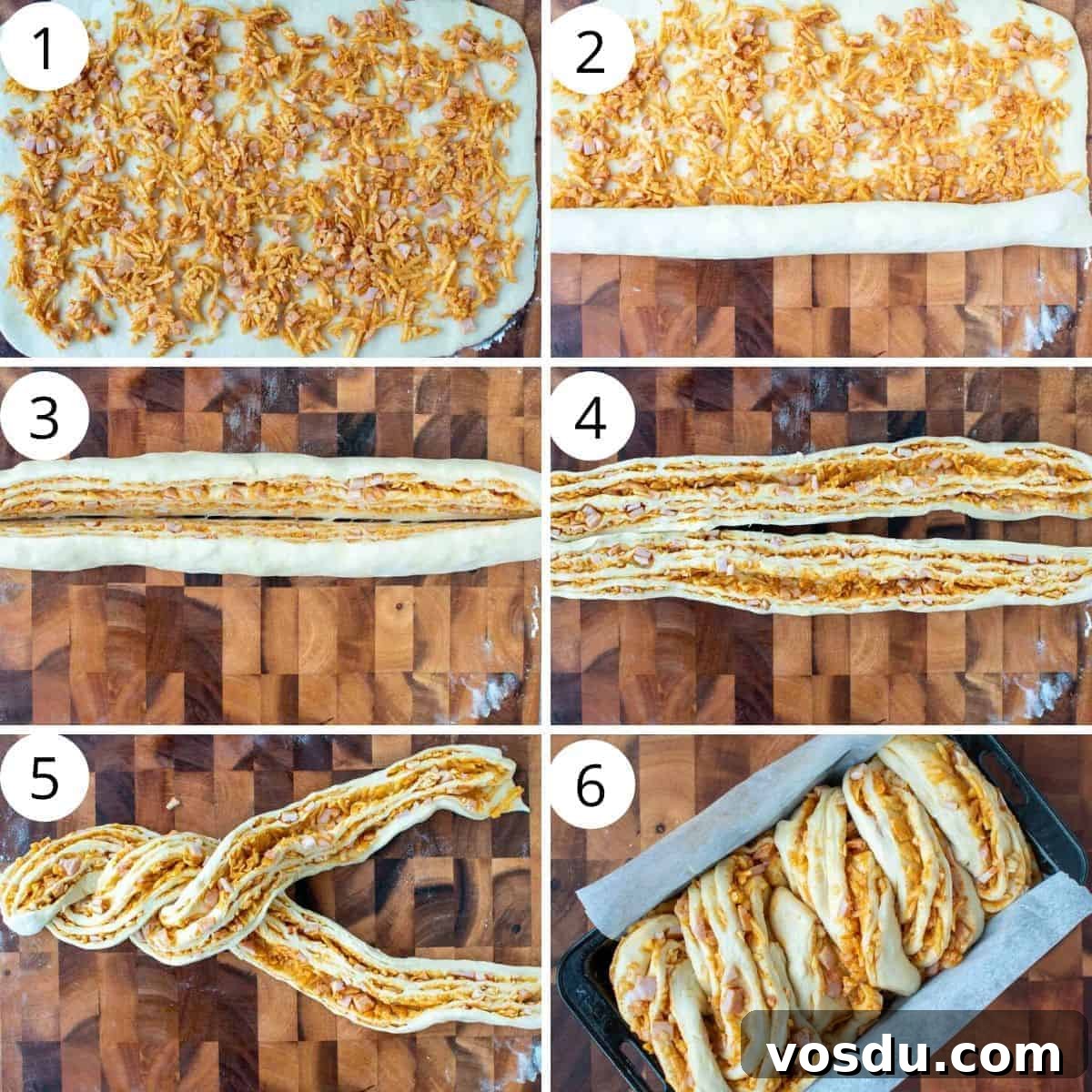 A six step photo collage showing how to shape and bake this bread.