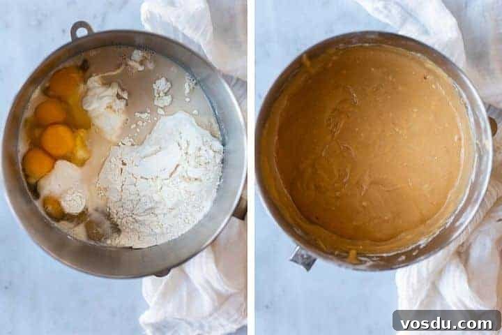 collage of bundt cake ingredients before and after being mixed