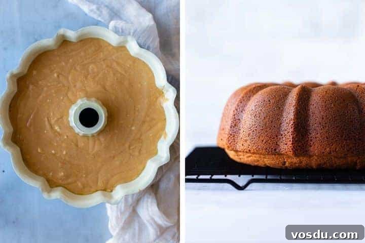 collage of bundt cake before and after baking