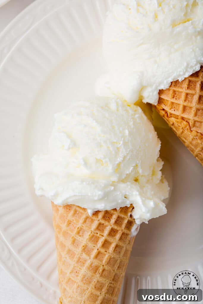 closeup view of two sugar cones of sweet cream ice cream on a white plate.