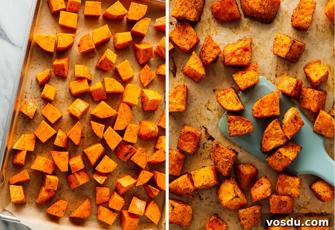 sweet potatoes before and after roasting