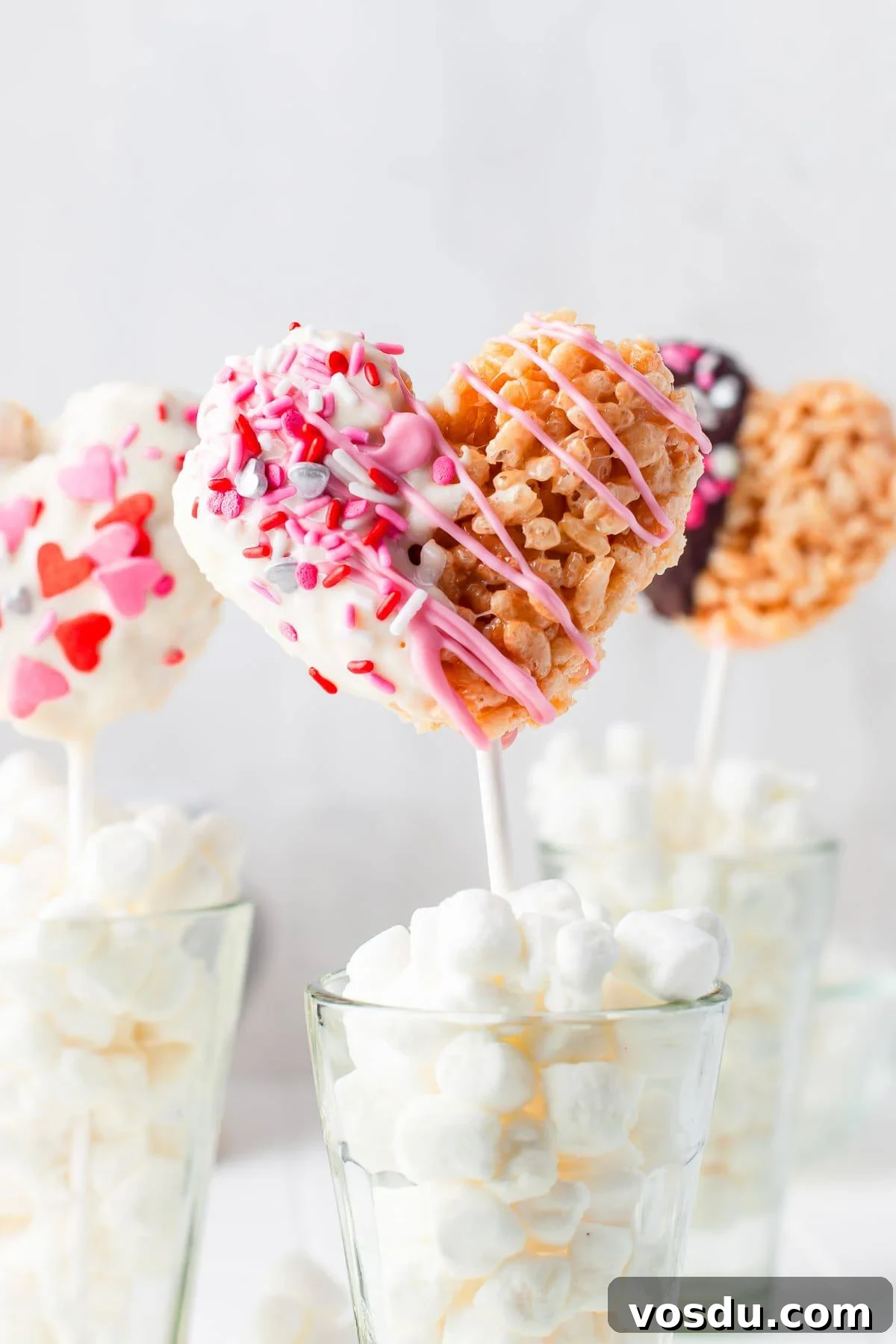 Valentine rice krispie treats hearts on sticks dipped in white and pink chocolate standing in a glass of marshmallows.