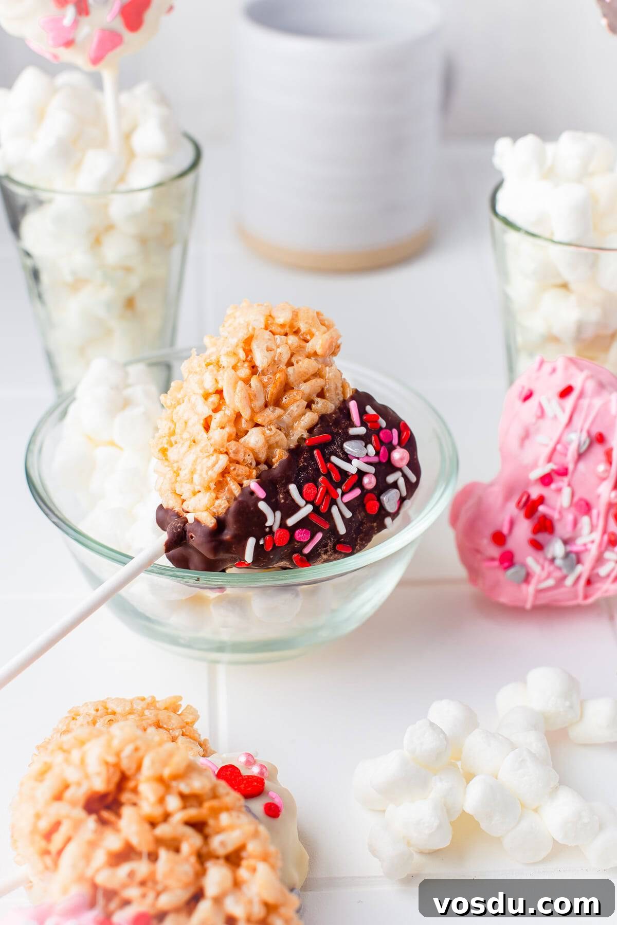 Chocolate dipped Valentine rice krispie treat heart with sprinkles resting in a glass bowl.