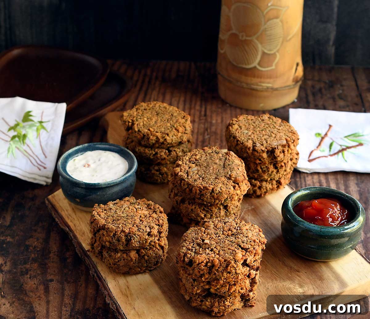 Vegetarian crab cakes made of soy curls, chickpeas, and jackfruit piled on a cutting board.