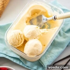 Plastic container of ice cream, with some serves scooped out, with some ice cream cones and a bowl of strawberries on the edge.