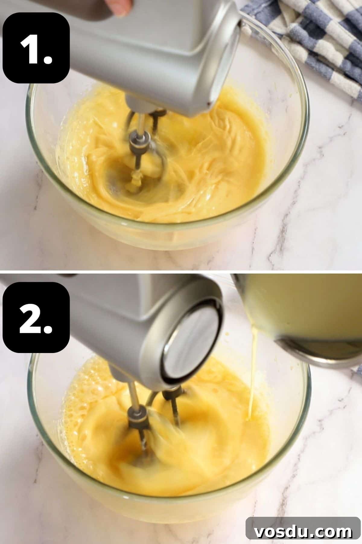 Steps 1-2 of preparing this recipe: whisking egg yolks and sugar in a bowl and pouring hot cream over the top of the mixture.