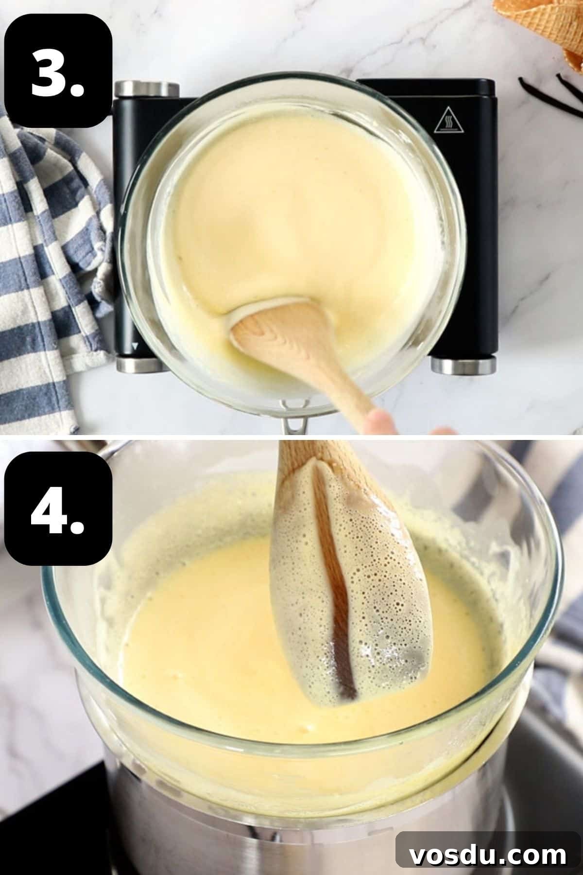 Steps 3-4 of preparing this recipe: cooking the mixture over a bain-marie and a mark on a wooden spoon to show it is cooked.