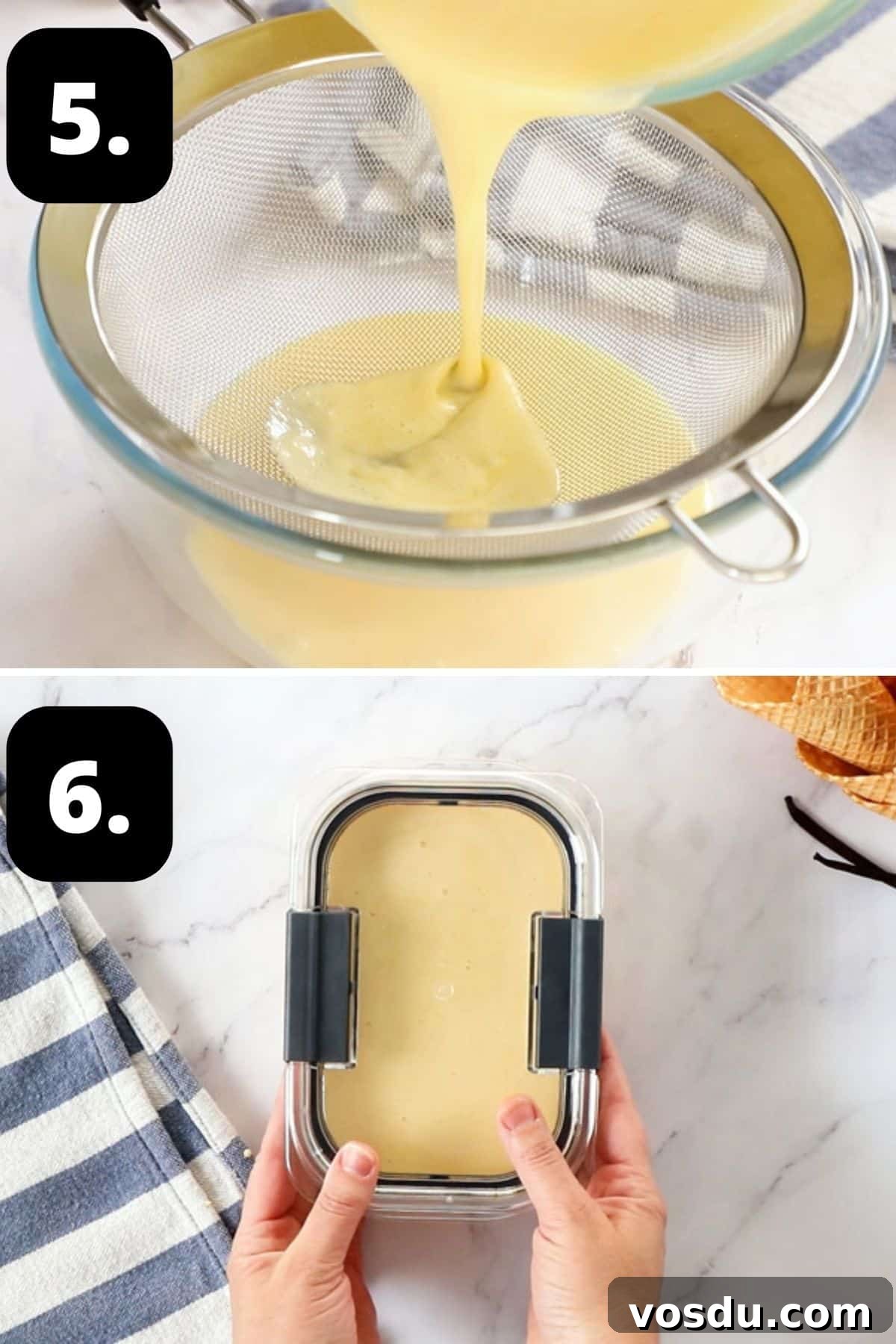 Steps 5-6 of preparing this recipe: straining the mixture into a bowl and the mixture in a container ready for freezing.