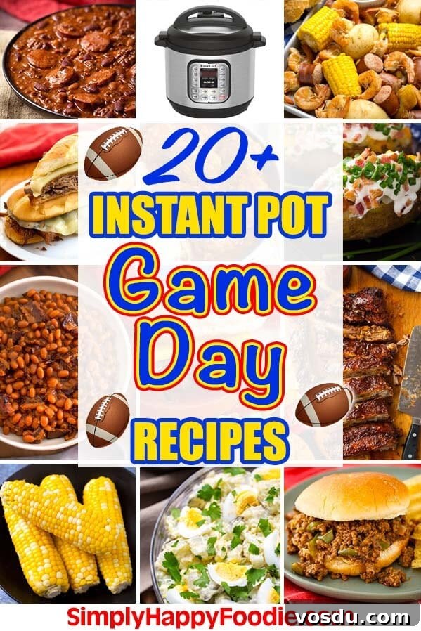 20 plus Instant Pot Game Day Recipes graphic showing pictures of nine recipes and simply happy foodie.com logo