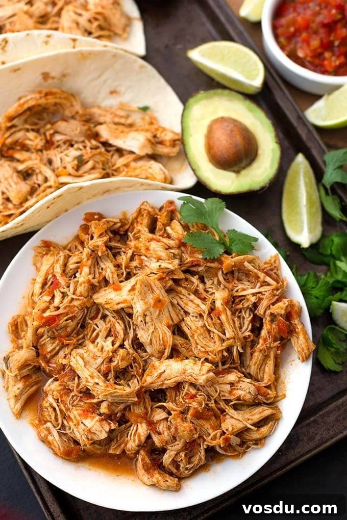 Salsa Chicken on a white plate next to salsa chicken in flour tortilla with halved avocado and limes in background