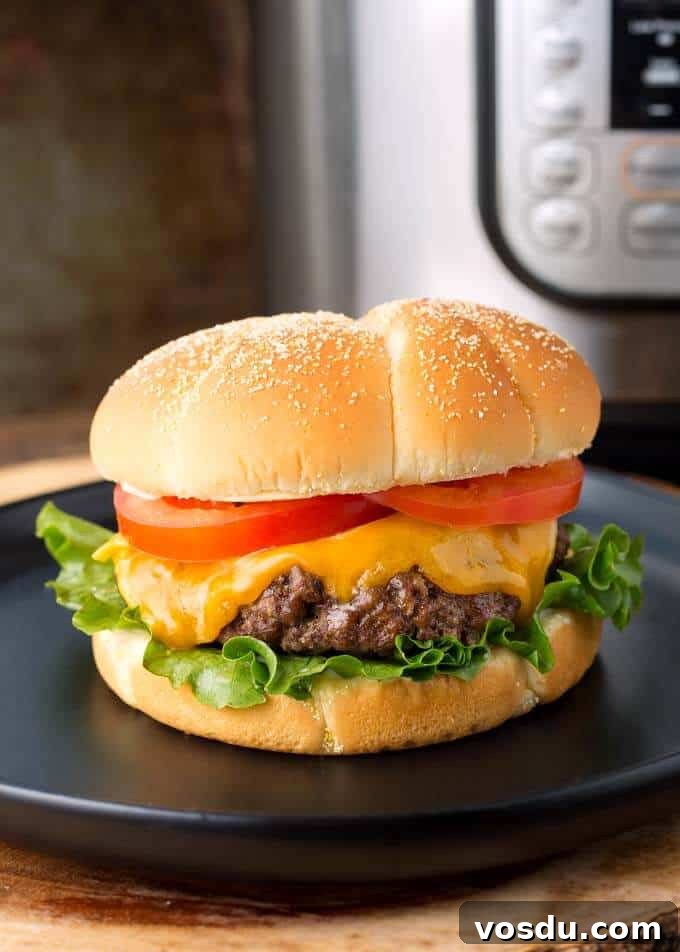 Hamburgers with cheese, lettuce, and tomato on a black plate in front of a pressure cooker