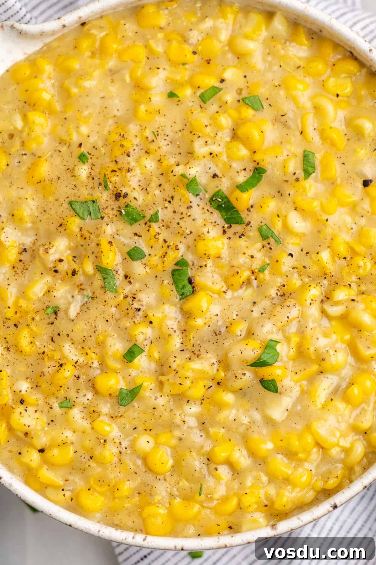 Overhead view of vegan creamed corn in bowl